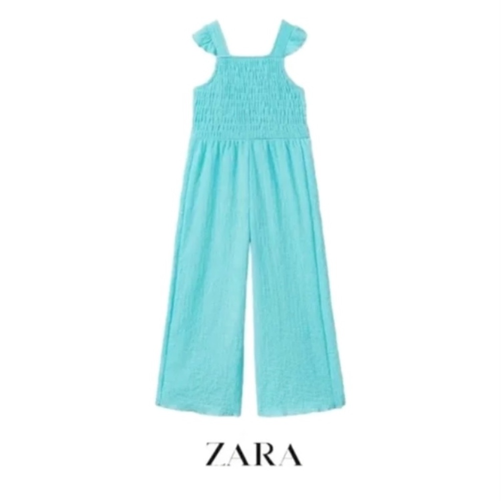 🪞 NWT zara ruffle sleeves smocked stretch long pants jumpsuit girl size 14